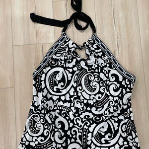 White House Black Market - XL - black/blue print halter -silver chain at neck